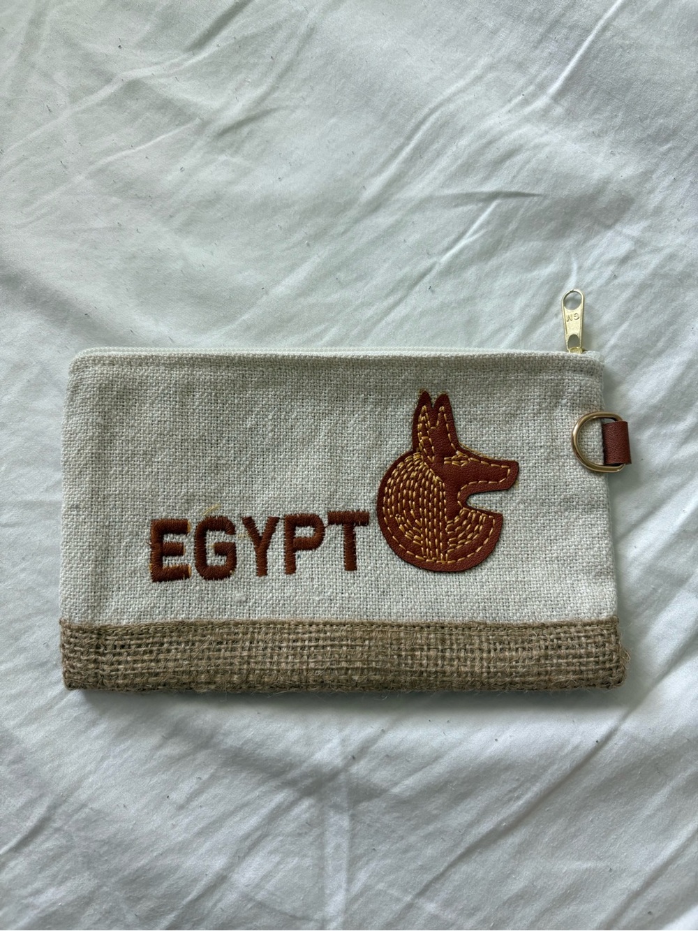 Egypt Embroidered Canvas Cosmetic Pouch in Natural and Brown